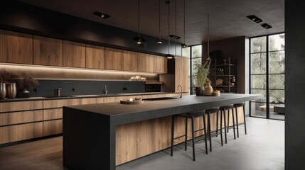 Poster - A harmonious blend of wood, metal, and concrete kitchen interior. AI generated