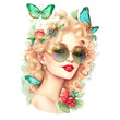 Beautiful lady spring decorated with field flowers and colorful butterflies. Blonde goddess with curly long hairs with sunglasses. Illustration Concept art. PNG image. Generative AI