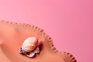Sea shell on the sand on a pink pastel background, copy space, Generative AI 1