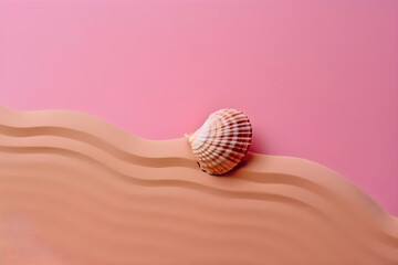 Sea shell on the sand on a pink pastel background, copy space, Generative AI 5
