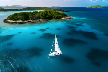 Yacht on the sea near the shore of the island, Generative AI 2