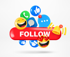 Aufkleber - Social media icons and emoji and Follow button. Vector 3d illustration