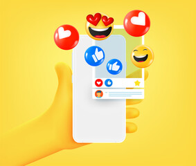 Aufkleber - Social media post with reactions on smartphone screen. 3d vector illustration