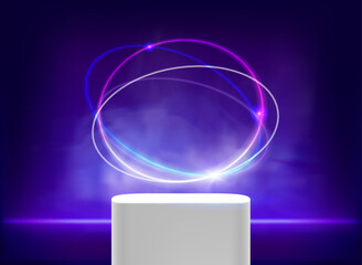 Aufkleber - illuminated blue studio with neon light and white podium. 3d vector illustration