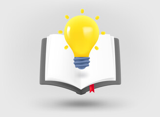 Fototapete - Book with brighting lightbulb. Inspiration concept. 3d vector illustration