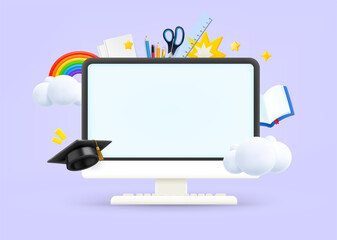 Poster - Computer monitor with education elements and blank screen. 3d vector illustration
 