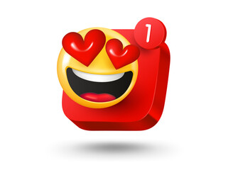 Fototapete - Mobile app button with smiling fall in love emoji. 3d vector mobile application icon with notification