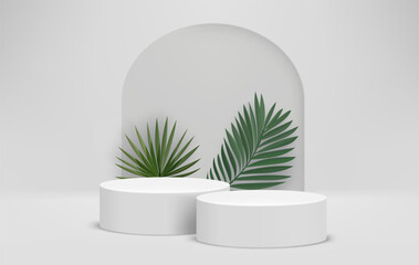 Aufkleber - Bright room with portal, podiums and green leaves. Product showcase template. 3d vector background