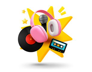 Fototapete - Sound elements with explosion effect. 3d vector mobile application icon with notification