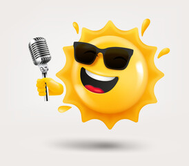 Poster - Happy sun emoji with microphone in a hand. 3d vector isolated on white background