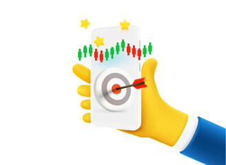 Poster - Businessman holding smartphone with darts and chart. 3d vector illustration