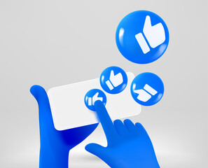 Poster - Man holding smartphone with thumbs up media icons. Vector 3d illustration