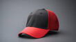 Black and red baseball cap on a grey background. Mock up design.