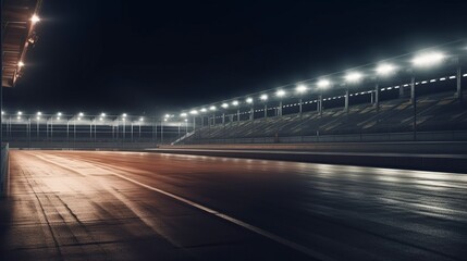 Wall Mural - illustration, empty racetrack at night, with stands and light, generative ai