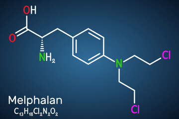 Poster - Melphalan molecule. It is chemotherapy medication, alkylating antineoplastic agent. Structural chemical formula on the dark blue background.