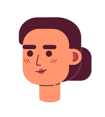 Poster - Polite smiling woman with low bun hairstyle semi flat vector character head. Elegant lady. Editable cartoon avatar icon. Face emotion. Colorful spot illustration for web graphic design and animation