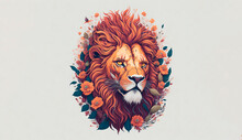 A Lion Head Isolated On A White Background For Printable Design. Abstract Lion Head With Flowers. Generative AI.