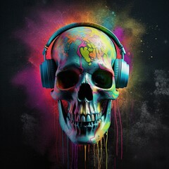 Wall Mural - A skull wearing headphones  on colorful background, music festival day. Generative AI, Generative, AI