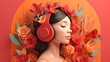© nonblok - A beautiful woman wearing headphones with ornament flowers background, music festival day. Generative AI, Generative, AI