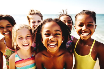 Wall Mural - On a sunny beach, diverse children gather, their laughter filling the air. United by friendship, they enjoy the sun, sand, and sea, showcasing pure joy, friendship knows no race. Generative AI