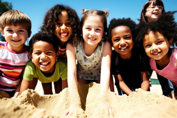 Wall Mural - On a sunny beach, diverse children gather, their laughter filling the air. United by friendship, they enjoy the sun, sand, and sea, showcasing pure joy, friendship knows no race. Generative AI