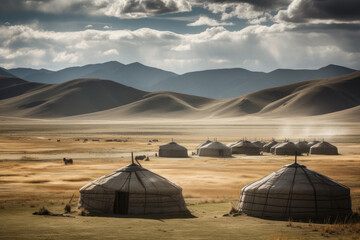 Wall Mural - monoglia yurt gert in mongolian valley, stunning scenic landscape wallpaper, generative ai
