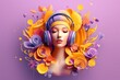 © nonblok - A beautiful woman wearing headphones with ornament flowers background, music festival day. Generative AI, Generative, AI