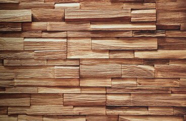 Wall Mural - Beautiful wooden blocks wall with texture and rough surface in warm brown tone for background and decoration.