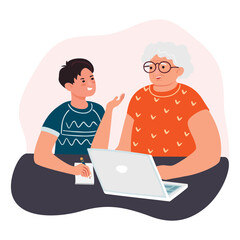 Grandmother and grandson use a laptop. A boy helps an elderly woman to study a computer. An old lady consults with a young relative.Vector cartoon flat style illustration on white background.