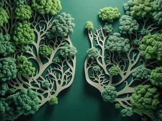 Paper art of tree branches shaped like human lungs, forest protection ecology illustration