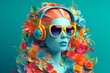 © nonblok - A beautiful woman wearing headphones with ornament colorful flowers background, music festival day. Generative AI, Generative, AI