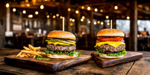 Two Juicy Cheeseburgers Close-up On A Wooden Table On A Kitchen Board Against A Background Of A Blurred Rustic Restaurant With Dim Lighting. Generative AI.