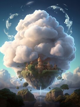 A photorealistic rendering of a large floating cloud with a castle. A beautiful and dreamy scene, generated by AI