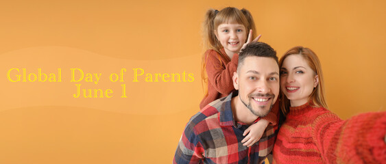 Wall Mural - Family taking selfie on orange background. Global Day of Parents