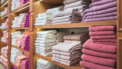 Leinwandbilder - Colorful folded towels stack closeup picture, hotel service concept