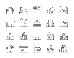 Set of 20 linear icon building. Editable stroke. big city buildings. Urban architecture. State institutions, religious and cultural monuments.