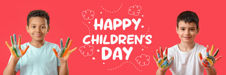 Poster - Cute little boys with hands in paints on red background. Happy Children's Day