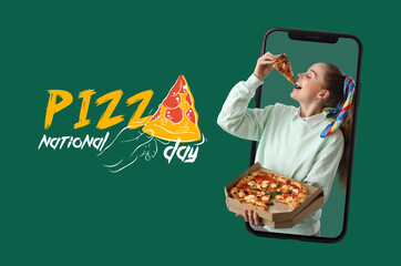 Canvas Print - Collage with woman holding tasty pizza and big smartphone on green background. National Pizza Day