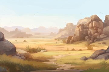 Canvas Print - serene desert landscape with rock formations and sparse vegetation. Generative AI