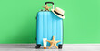 Leinwandbild Motiv Suitcase with beach accessories near green wall