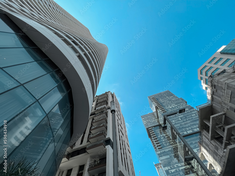 Modern highscrapers in city, bottom view