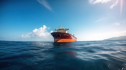 Low angle view on huge fuel tanker ship in the sea. Generative AI