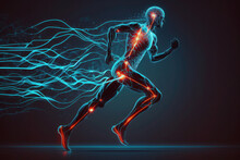 The Man Runs In Motion. Human Brain And Body. Glowing Green Lines. Neural Connections. Artificial Intelligence, Cyberspace. AI Generative
