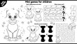 © Alyona-Simona - Vector set of outline kids games with cartoon dog. Printable activity mat with maze, connect the dots, find differences and other. Worksheet with cute puppy for kindergarten and Generative AI