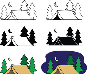 Wall Mural - Camping Graphic with Tent and Forest - Outline, Silhouette & Color