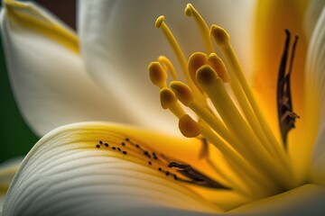 Wall Mural - Close-up of the stamens and petals of a yellow and white lily. Generative AI Generative AI