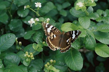 Sticker - colorful butterfly perched on a vibrant green leaf. Generative AI