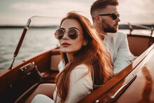 Young Redhead Woman With Her Boyfriend On A Luxury Yacht. Generative AI