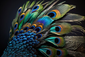 Wall Mural - peacock feathers in macro, set on a blue background generative ai generative ai