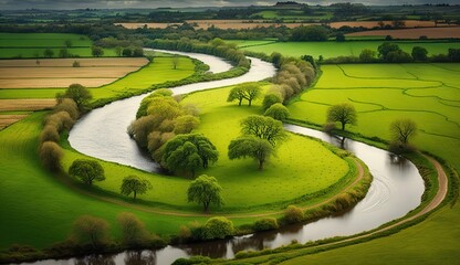 Poster - River in the UK meanders across verdant countryside. Generative AI Generative AI